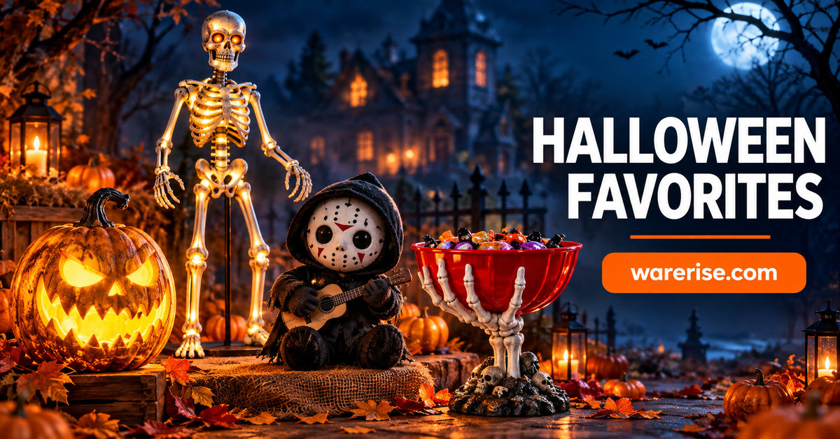 Halloween porch display with a glowing golden skeleton, a carved jack-o’-lantern, a small masked figure and a skeleton-hand candy bowl, with the text “Halloween Favorites” and warerise.com