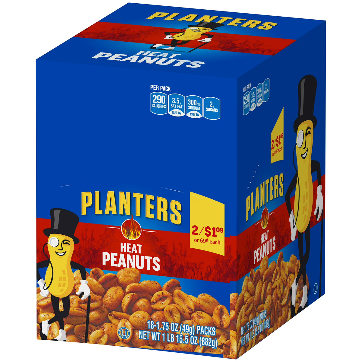 Planters Heat Peanuts, 18 Count Box, 1.75 oz Packs, Spicy Roasted Peanuts, Individual Snack Packs