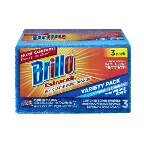 Brillo Estracell Non-Scratch Antibacterial Scrubber Sponge For Kitchen and Bath 4.9 in. L 3 pc (Pack of 8)