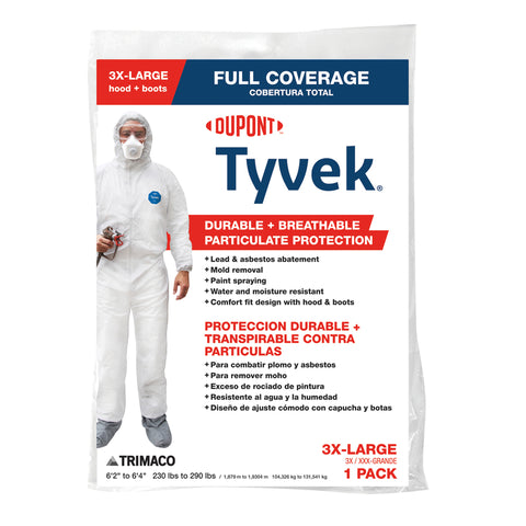 Dupont Tyvek Unisex Polyethylene Full Coverage Hooded Coverall W/Boot White 3XL 1 pk