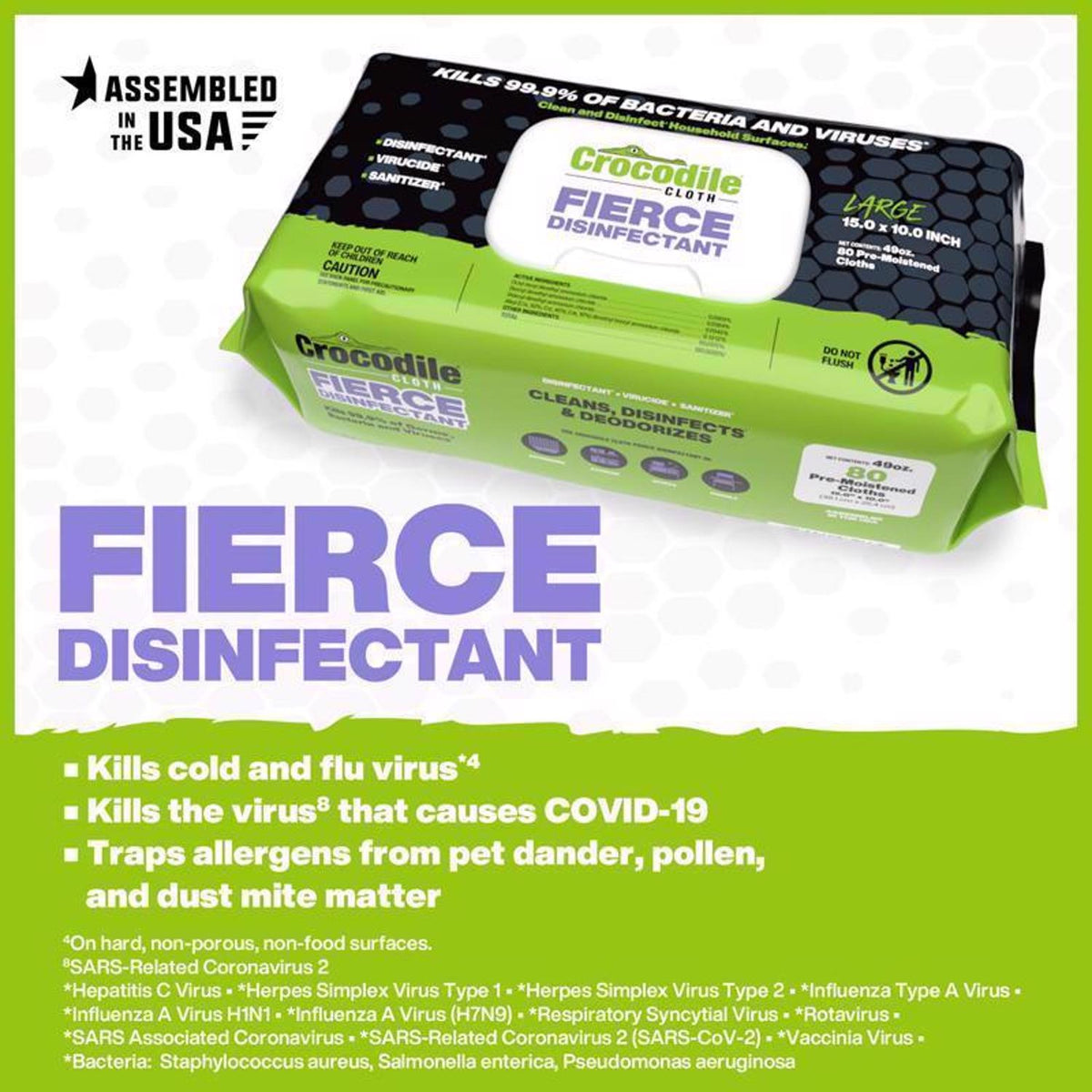 Toallitas desinfectantes Crocodile Cloth Fierce, 15 pulg. de ancho × 10 pulg. de largo, 80 toallitas, 1 paquete