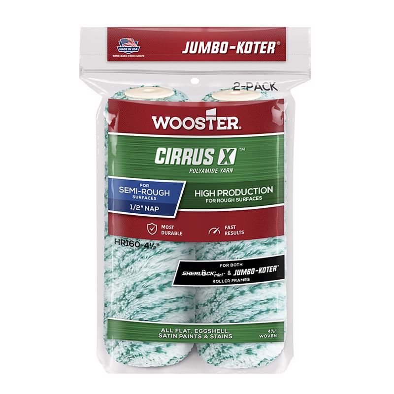 Funda de rodillo de pintura Jumbo Mini de poliéster tejido Wooster Cirrus X, 4,5 pulg. de ancho x 1/2 pulg., 2 piezas