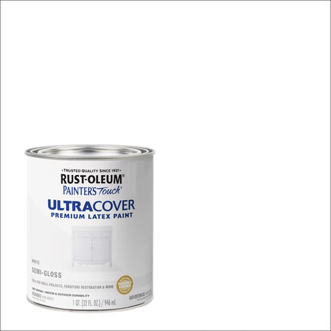Rust-Oleum Painters Touch Ultra Cover Semi-Gloss White Water-Based Paint Exterior and Interior 1 qt (Pack of 2)