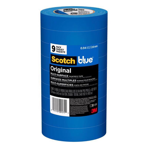 Cinta de pintor ScotchBlue azul de 0,94 pulg. de ancho x 60 yd de largo, resistencia media, paquete de 9