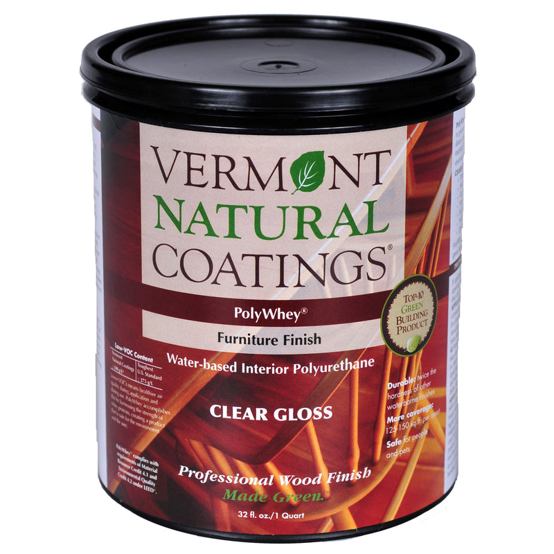 Acabado transparente brillante a base de agua PolyWhey de Vermont Natural Coatings para muebles, 1 pinta
