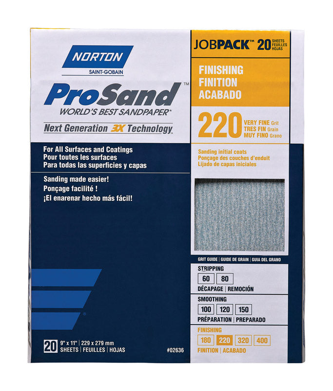 Papel de lija de óxido de aluminio Norton ProSand de 11 pulg. de largo x 9 pulg. de ancho, grano 220, 1 paquete