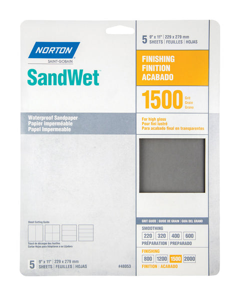 Norton SandWet 11 in. L X 9 in. W 1500 Grit Aluminum Oxide Waterproof Sandpaper 5 pk