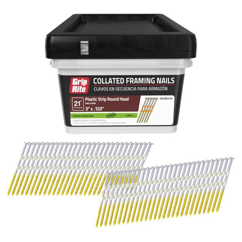 Grip-Rite 3 in. L X 11 Ga. Angled Strip Hot-Dip Galvanized Framing Nails 21 deg 1000 pk