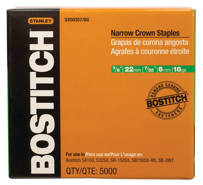 Grapas estrechas Bostitch SX de 7/32 pulg. de ancho x 7/8 pulg. de largo, calibre 18, paquete de 5000