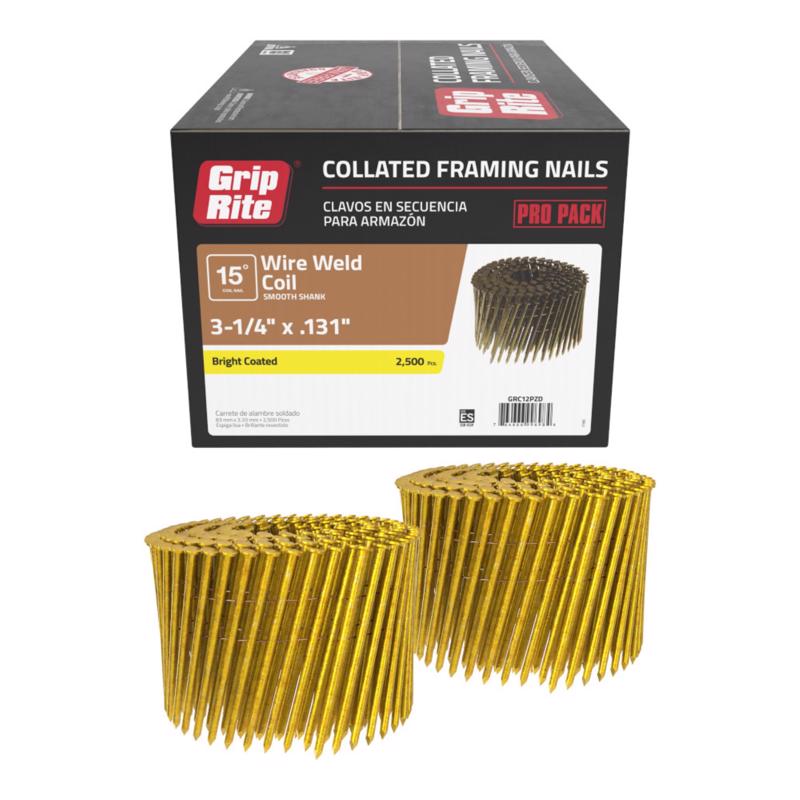Grip-Rite 3-1/4 in. L X 11 Ga. Wire Coil Coated Framing Nails 15 deg 2500 pk