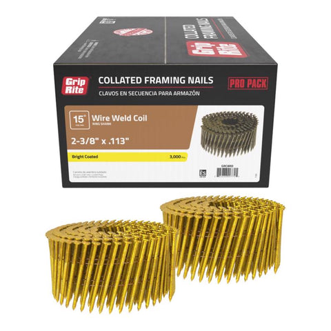 Grip-Rite 2-3/8 in. L X 11 Ga. Wire Coil Brite Framing Nails 15 deg 3000 pk