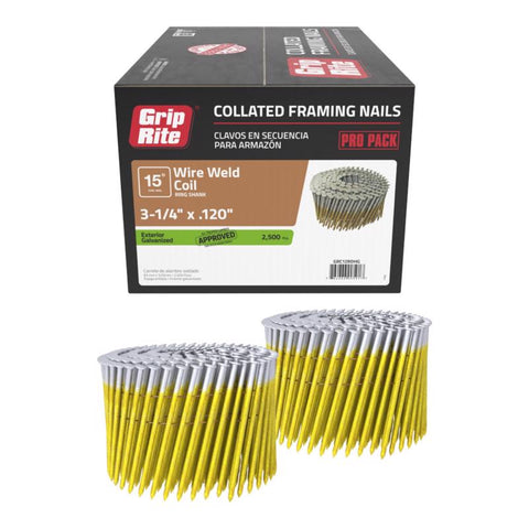 Grip-Rite 3-1/4 in. L X 11 Ga. Wire Coil Hot-Dip Galvanized Framing Nails 15 deg 2500 pk