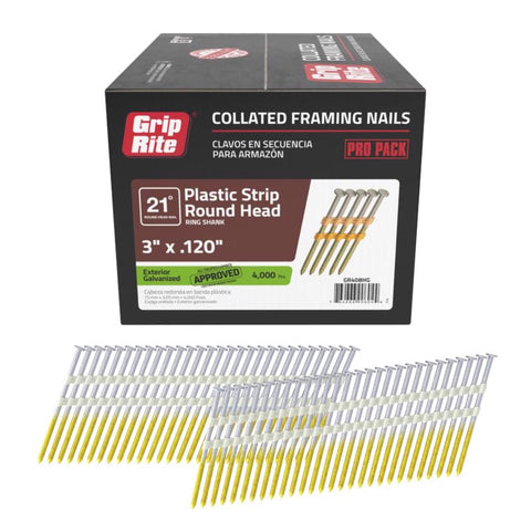 Grip-Rite 3 in. L X 11 Ga. Angled Strip Hot-Dip Galvanized Framing Nails 21 deg 4000 pk