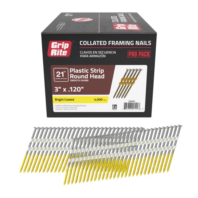 Grip-Rite 3 in. L X 11 Ga. Angled Strip Bright Framing Nails 21 deg 4000 pk