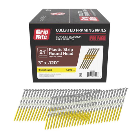 Grip-Rite 3 in. L X 11 Ga. Angled Strip Bright Framing Nails 21 deg 4000 pk