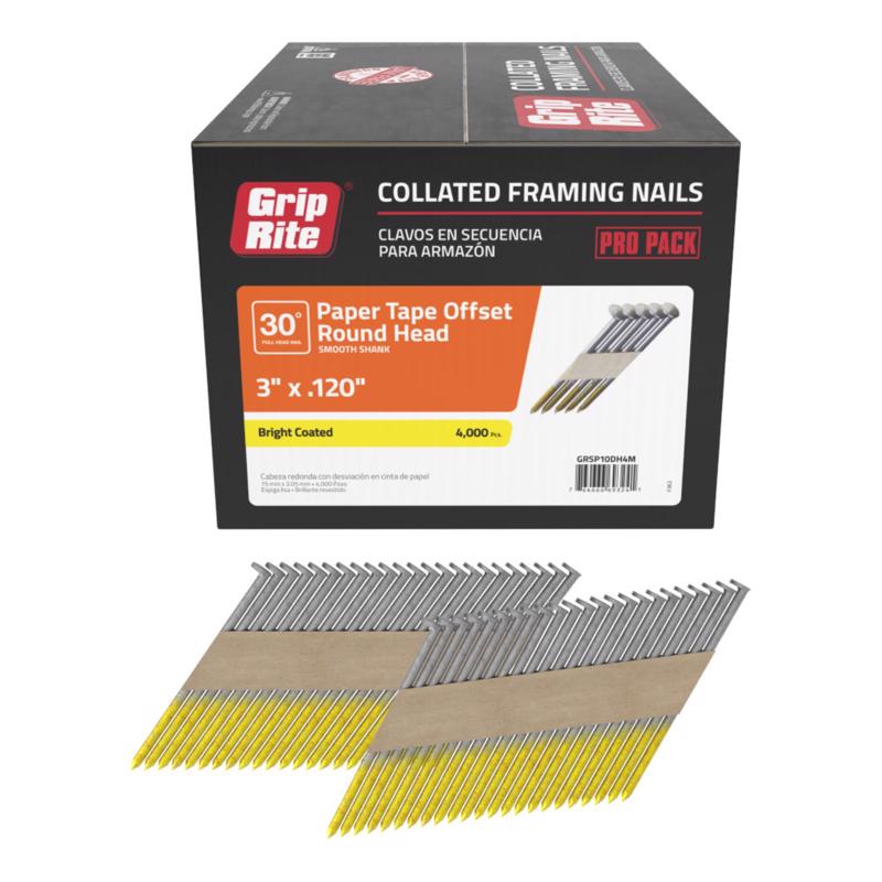 Grip-Rite 3 in. L X 12 Ga. Angled Strip Bright Framing Nails 30 deg 4000 pk