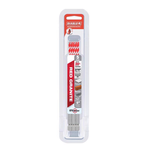 Diablo SPEEDemon 3/16 in. X 6 in. L Carbide Tipped Red Granite Hammer Drill Bit Hex Shank 5 pc