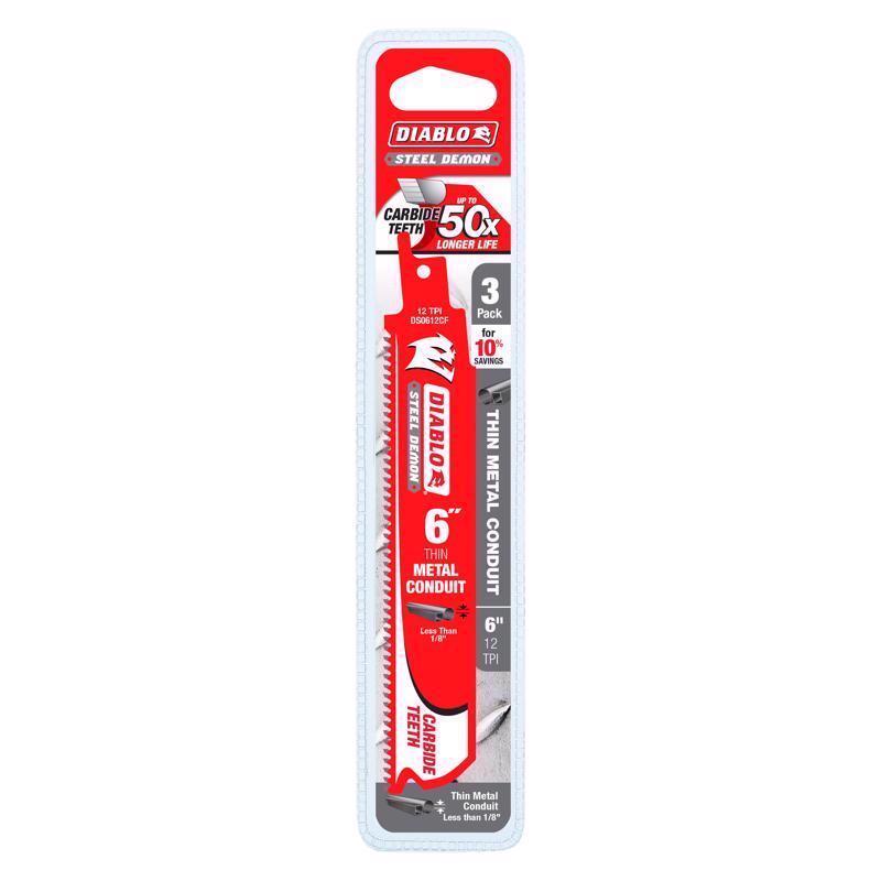 Sierra de sable Diablo Steel Demon de 6 pulg., con punta de carburo, para tubería delgada de metal, 12 TPI, paquete de 3