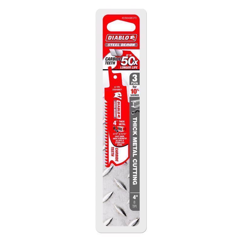 Sierra de sable Diablo Steel Demon de 4 pulg., hoja para metal grueso con punta de carburo, 8 TPI, paquete de 3