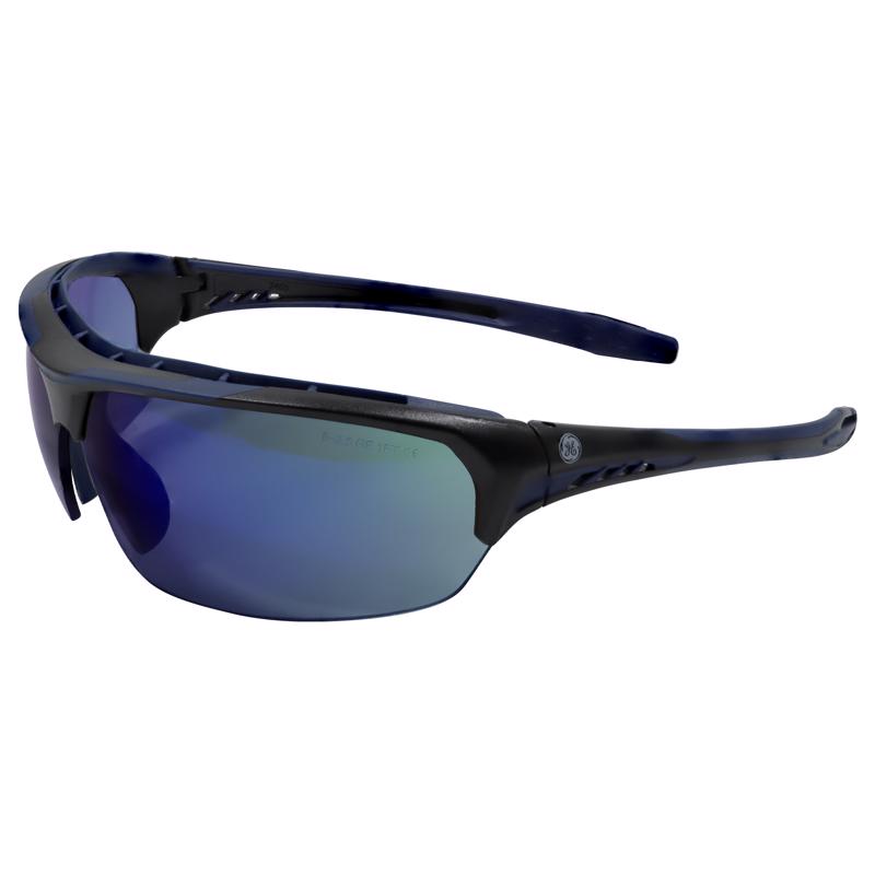 Gafas de seguridad General Electric Serie 09, antivaho, resistentes a impactos, con lentes de espejo azul y montura negra/azul