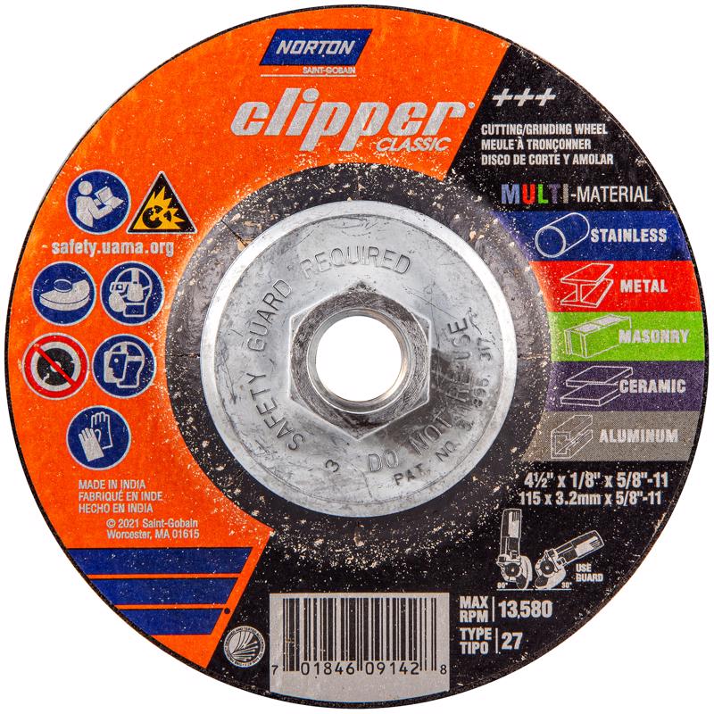 Norton Clipper 4.5 in. D X 5/8-11 in. X 1/8 in. thick Classic Grinding Wheel 1 pk