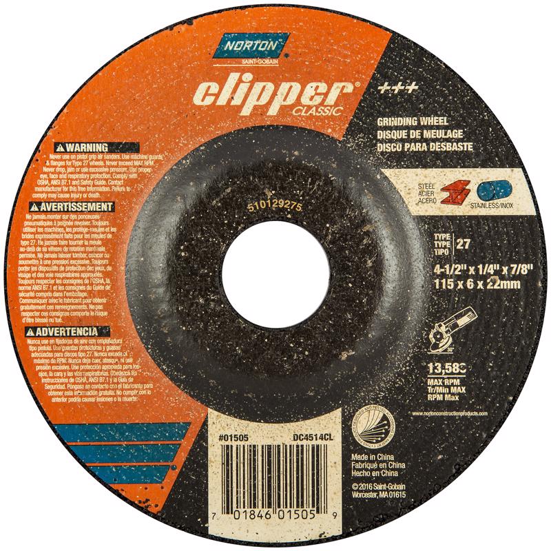 Norton Clipper 4-1/2 in. D X 7/8 in. X 1/4 in. thick Classic Grinding Wheel 1 pk