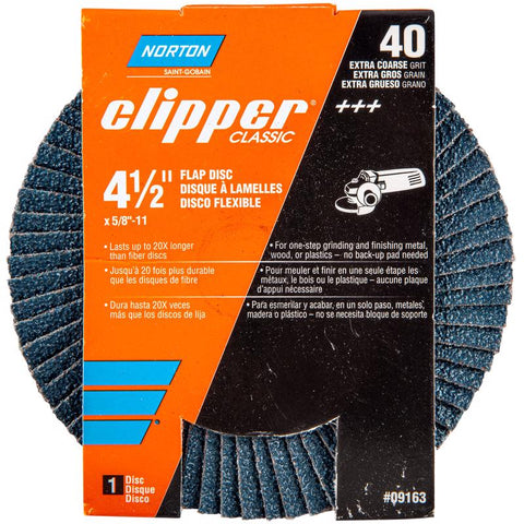 Disco de láminas Norton Clipper de circonia y alúmina/algodón de peso X, 4-1/2 pulg. de diámetro × 5/8-11 pulg., grano 40, 1 ud.