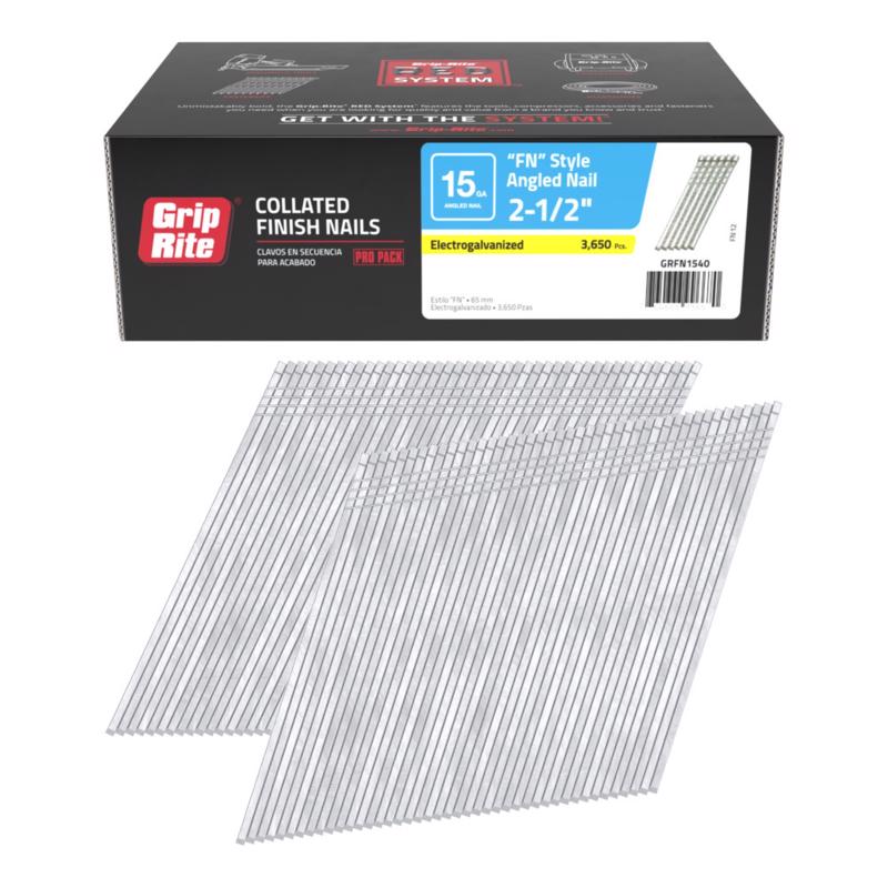 Grip-Rite 2-1/2 in. L X 15 Ga. Angled Strip Electro Galvanized Finish Nails 3650 pk