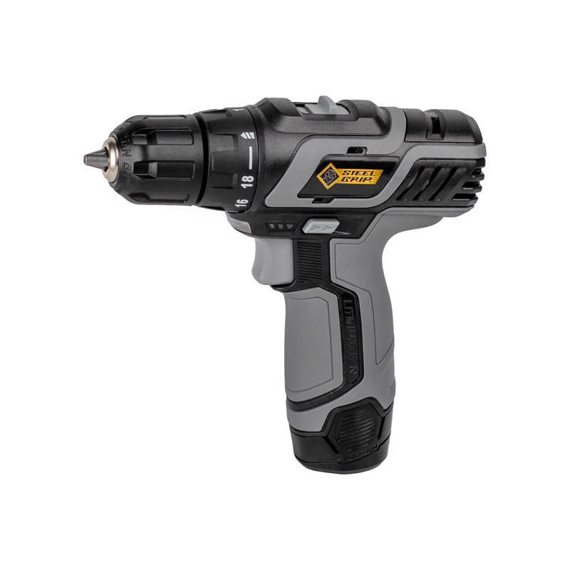 Kit de taladro compacto inalámbrico Steel Grip de 12 V, 3/8 pulg., cepillado (batería)