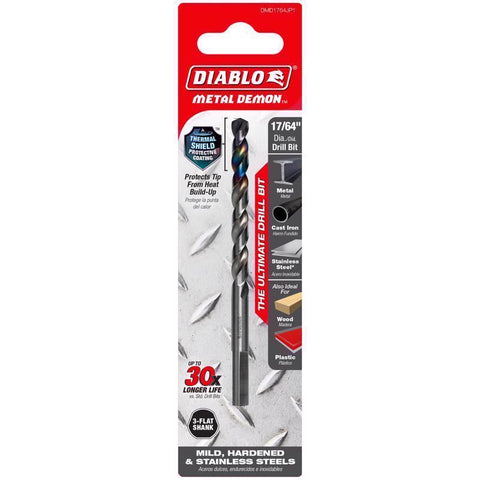 Broca de acero inoxidable Diablo Metal Demon de 17/64 pulg. x 4,3 pulg. de largo, con vástago plano de 3 lados, 1 ud.