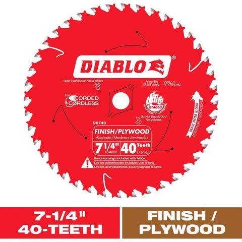 Disco de sierra para acabado de carburo de alta densidad TiCo Diablo de 7-1/4 pulg. de diámetro x 5/8 pulg. de ranura, 40 dientes, 1 ud. (Paquete de 10)