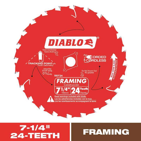 Diablo Tracking Point 7-1/4 in. D X 5/8 in. TiCo Hi-Density Carbide Framing Blade 24 teeth 1 pk (Pack of 10)