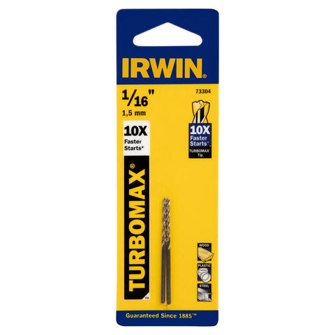 IRWIN Turbomax 1/16 in. X 1-7/8 in. L High Speed Steel Drill Bit Straight Shank 2 pc