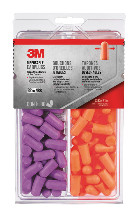 3M 32 dB Soft Foam Earplugs Orange/Purple 80 pk