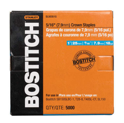 Bostitch SL Grapas estrechas de corona calibre 18 de 5/16 pulg. de ancho x 1 pulg. de largo, paquete de 5000