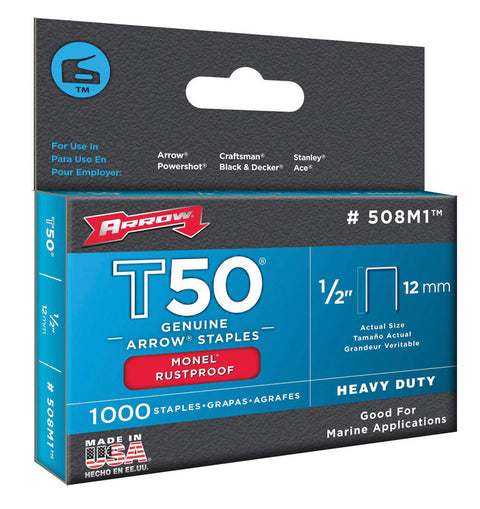 Arrow Monel T50 3/8 in. W X 1/2 in. L 18 Ga. Flat Crown Heavy Duty Staples 1000 pk (Pack of 5)