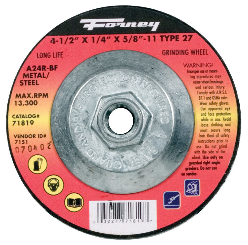 Muela metálica de desbaste Forney de 4-1/2 pulg. de diámetro x 5/8 pulg. x 1/4 pulg. de grosor, 1 pieza