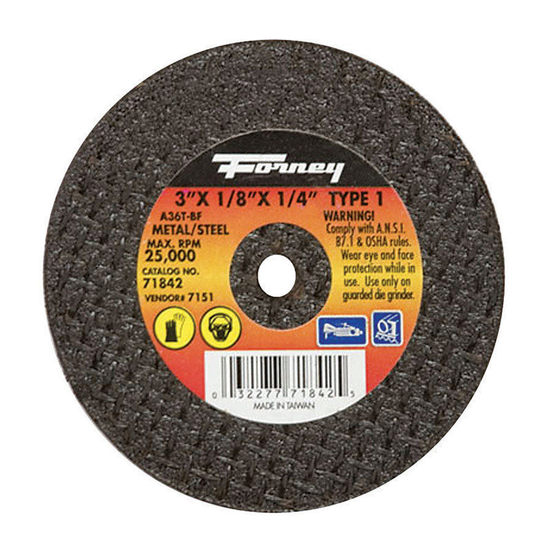 Muela cortametales de óxido de aluminio Forney de 3 pulg. de diámetro x 1/4 pulg. x 1/8 pulg. de grosor, 1 pieza