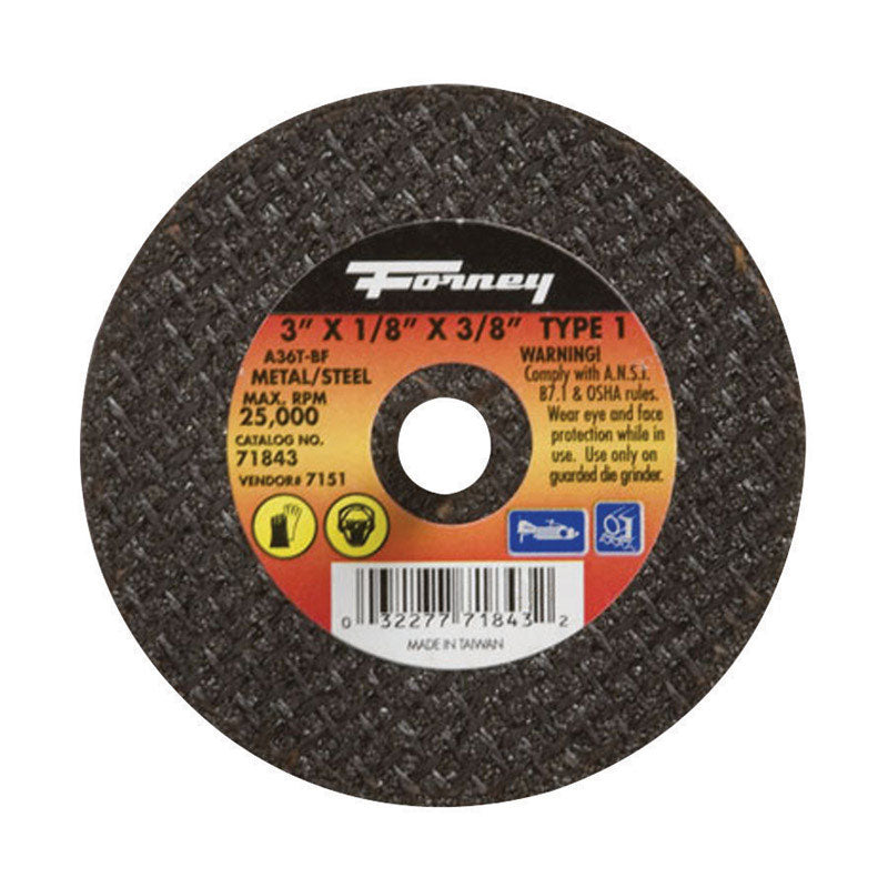 Muela cortametales de óxido de aluminio Forney de 3 pulg. de diámetro x 3/8 pulg. x 1/8 pulg. de grosor, 1 pieza