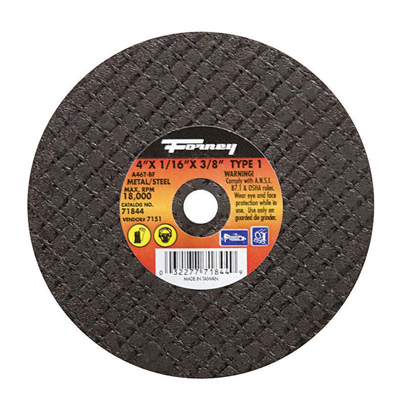 Disco de corte para metal de óxido de aluminio Forney de 4 pulg. de diámetro x 3/8 pulg. x 1/16 pulg. de grosor, 1 pieza
