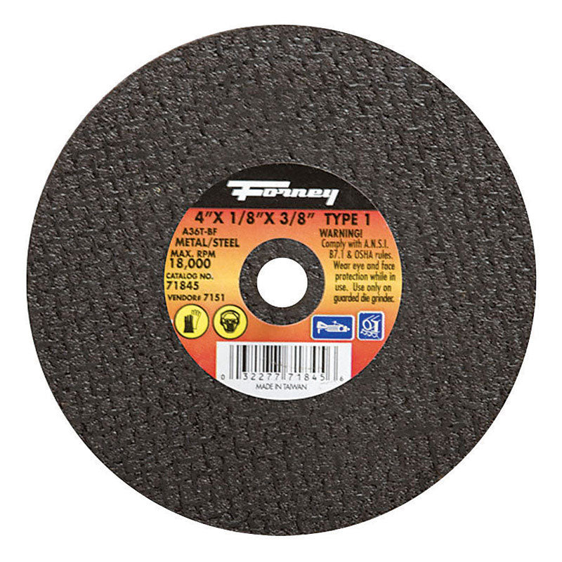 Muela cortametales de óxido de aluminio Forney de 4 pulg. de diámetro x 3/8 pulg. x 1/8 pulg. de grosor, 1 pieza