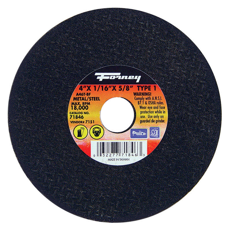 Disco de corte para metal de óxido de aluminio Forney de 4 pulg. de diámetro x 5/8 pulg. x 1/16 pulg. de grosor, 1 pieza