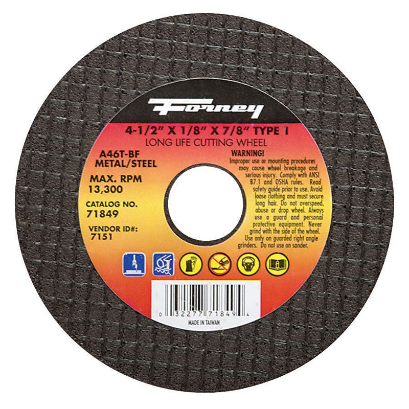 Muela cortametales de óxido de aluminio Forney de 4-1/2 pulg. de diámetro x 7/8 pulg. x 1/8 pulg. de grosor, 1 pieza