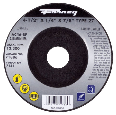 Forney 4-1/2 in. D X 7/8 in. in. X 1/4 in. thick Metal Grinding Wheel 1 pc