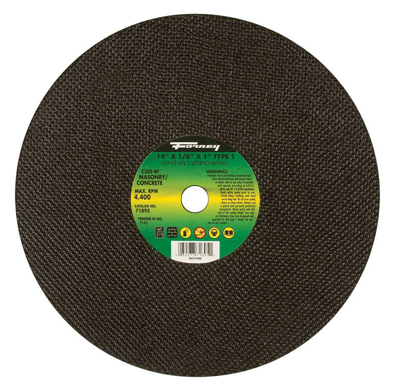 Disco de corte de carburo de silicio Forney para mampostería/asfalto de 14 pulg. de diámetro x 1 pulg. x 1/8 pulg. de grosor, 1 pieza