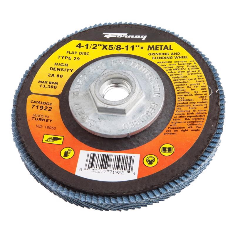 Disco de láminas de óxido de aluminio y circonia Forney de 4-1/2 pulg. de diámetro x 5/8-11 pulg., grano 60, 1 pieza
