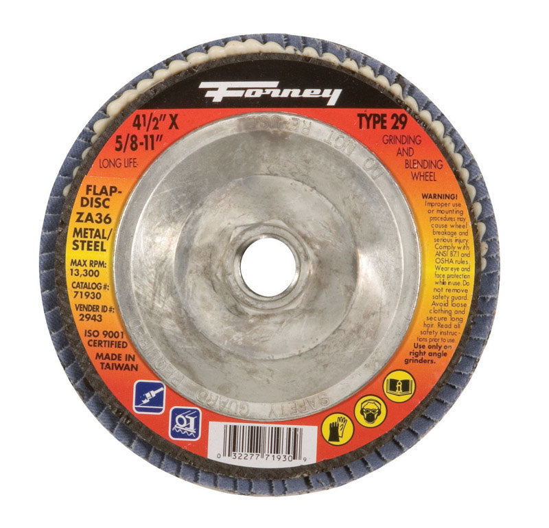 Disco de láminas de óxido de aluminio y zirconia Forney de 4-1/2 pulg., grano 36, 1 pieza