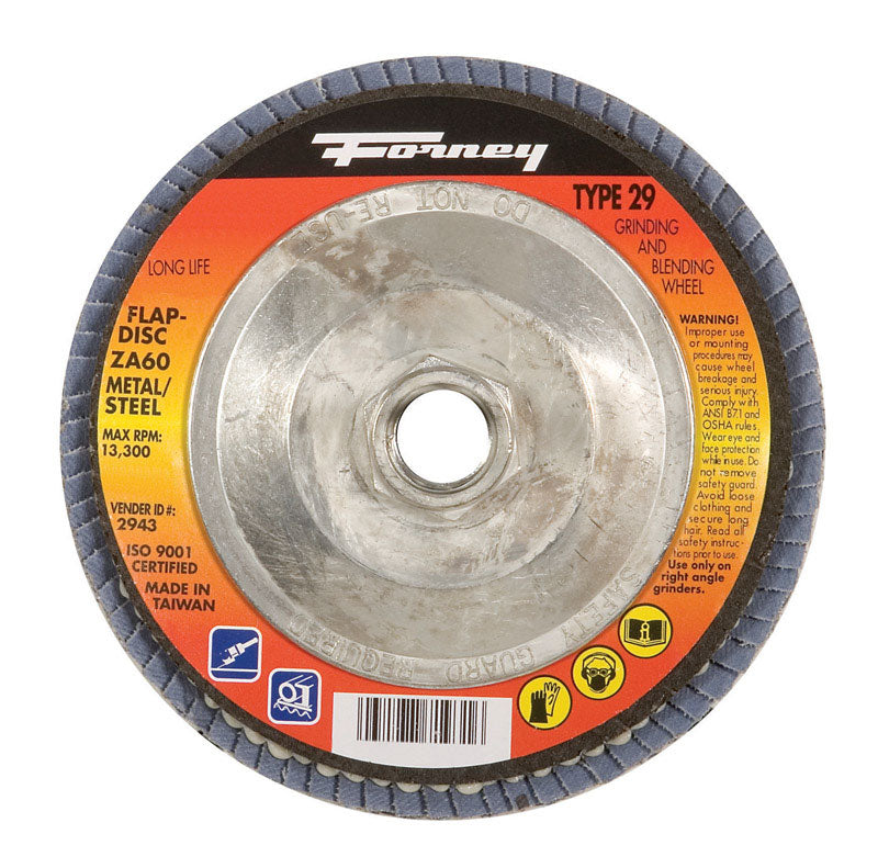 Disco de láminas de óxido de aluminio y zirconia Forney de 4-1/2 pulg. de diámetro x 5/8-11 de grosor, grano 60, 1 pieza