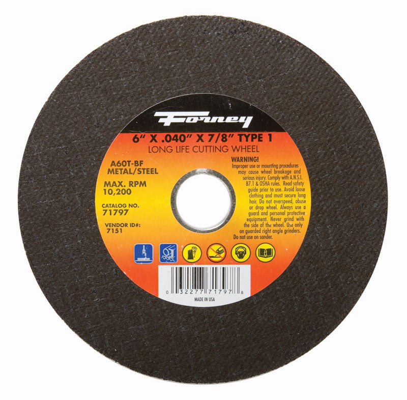 Muela cortametales de óxido de aluminio Forney de 6 pulg. de diámetro x 7/8 pulg. x .040 pulg. de grosor, 1 pza.