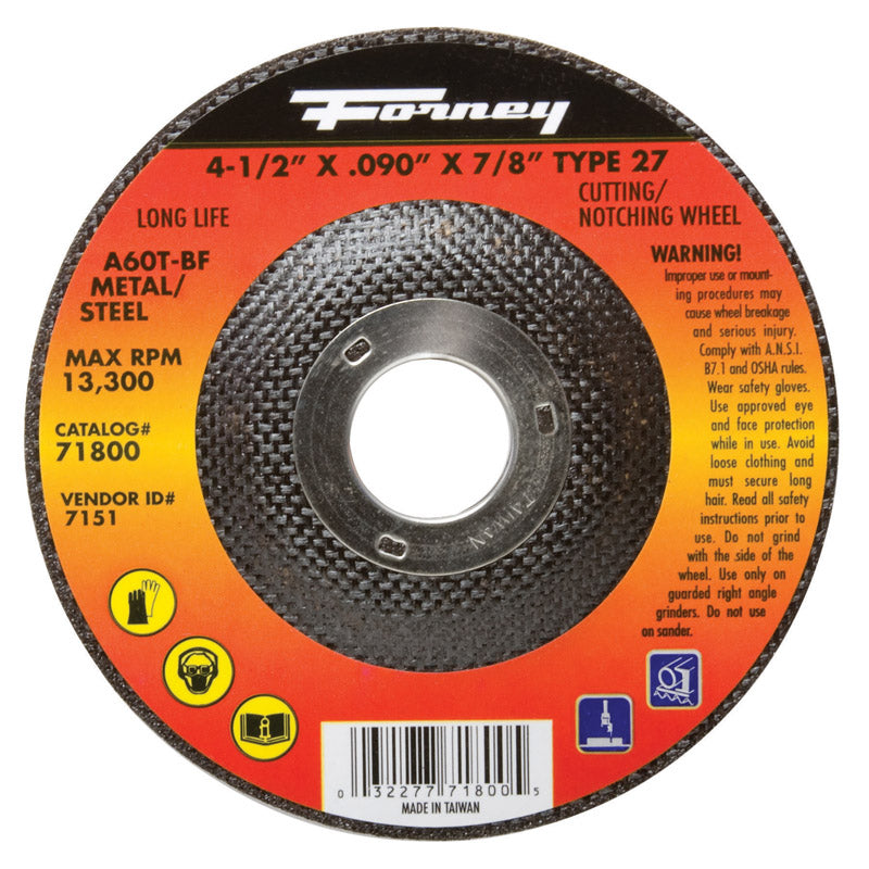 Muela abrasiva de óxido de aluminio para corte de metales Forney de 4-1/2 pulg. de diámetro x 7/8 pulg. x .090 pulg. de grosor, 1 pieza